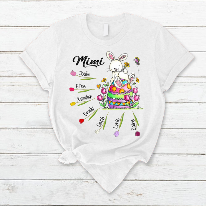 Personalized T-Shirt For Grandma Mimi Bunny With Easter Egg & Spring Tulip Printed Custom Grandkids Name