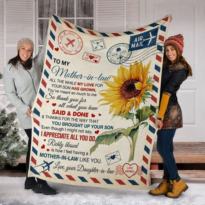 Personalized To My Mother-In-Law Blanket From Daughter-Ịn-Law I Appreciate All You Do Sunflower Printed Letter Blanket