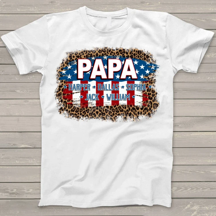 Personalized T-Shirt For Grandma Papa American Flag Leopard Design Custom Grandkids Name Shirt For Father'S Day