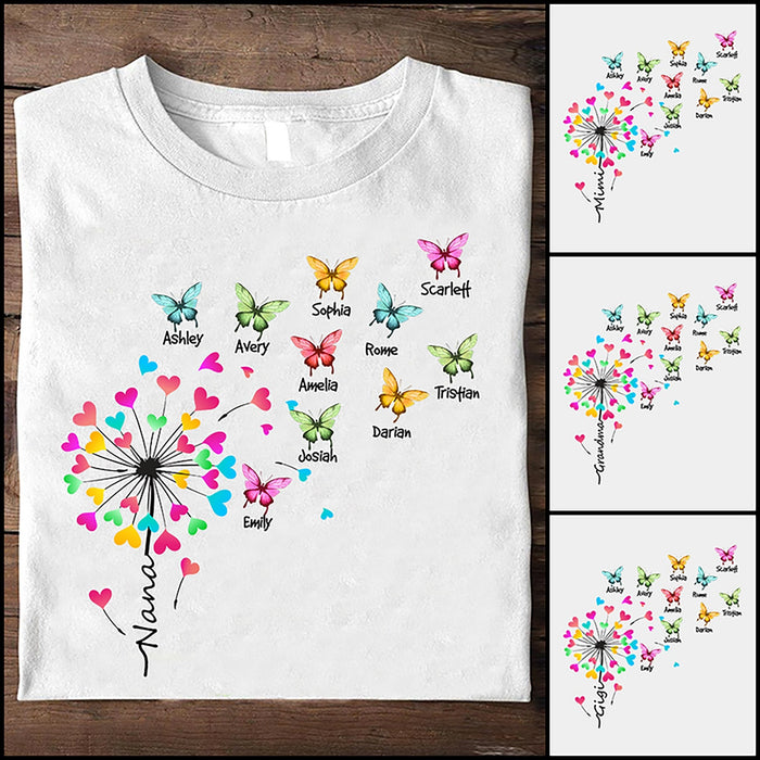 Personalized T-Shirt For Grandma Nana Colorful Heart Dandelion & Butterfly Printed Custom Grandkids Name