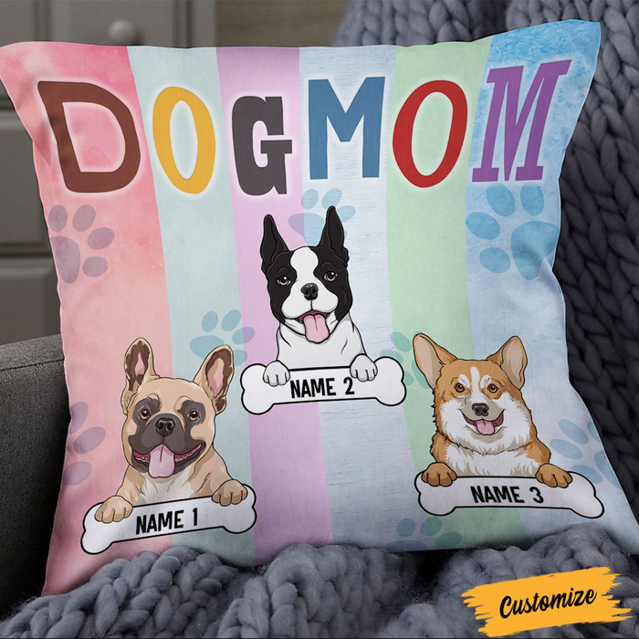 Personalized Square Pillow Gifts For Dog Lover Dog Mom Rainbow Color Custom Name Sofa Cushion For Birthday