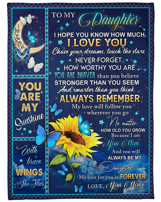 Personalized To My Daughter Blanket From Mom Moon Sunflower And Butterfly Printed Galaxy Background Custom Name