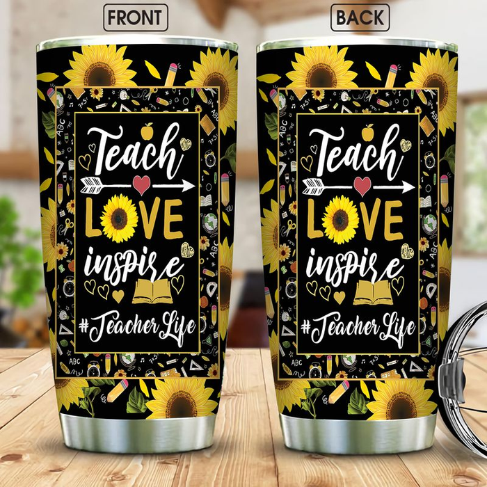 Personalized Tumbler For Teacher Appreciation Sunflower Teach Love Inspire Travel Cup 20oz Gifts For Back To School