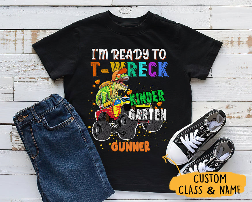 Personalized T-Shirt For Kids T-Rex Monster Truck Ready To Crush Kindergarten Custom Name & Grade Shirt Back To School
