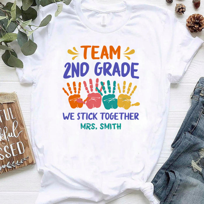 Personalized Unisex T-Shirt For Teachers Team 2nd Grade Colorful Handprint Printed Custom Name Back To School Outfit