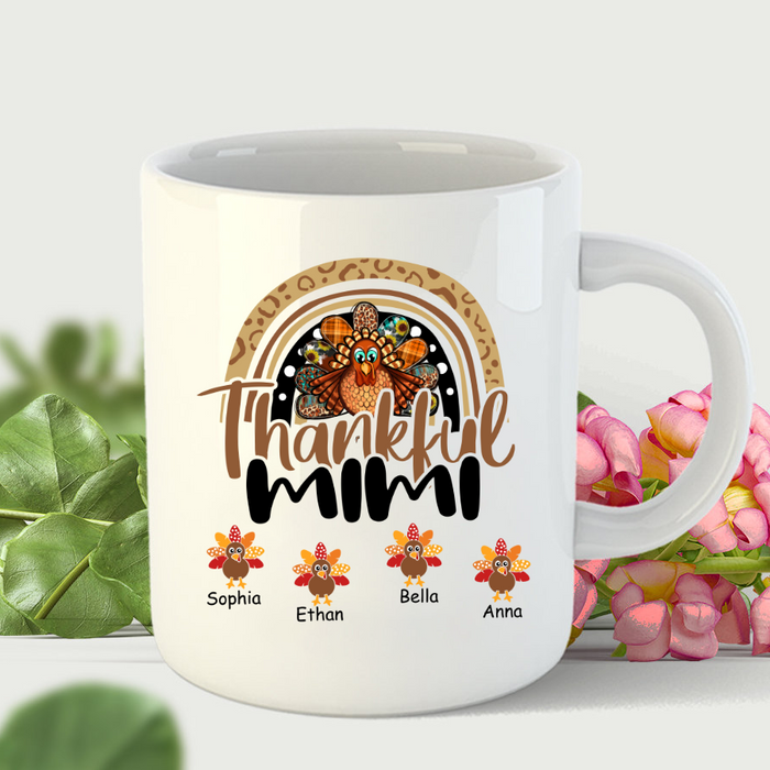 Personalized Coffee Mug Gifts For Grandma Leopard Rainbow Turkey Thankful Custom Grandkids Name Thanksgiving White Cup