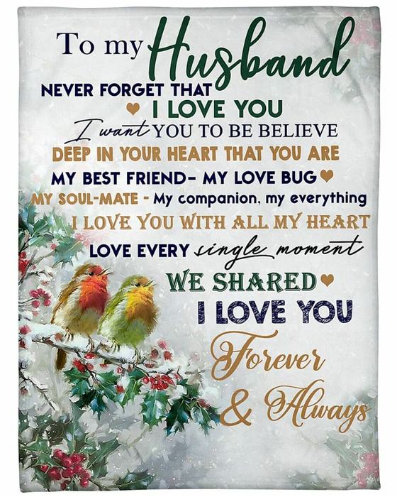 Personalized Blanket To My Husband Prints Bird Couple & Holly Tree On The Winter Custom Name Blankets For Valentines