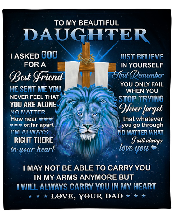 Personalized Jesus Blanket To My Beautiful Daughter From Dad Cross & Lion Fleece Blanket Custom Name