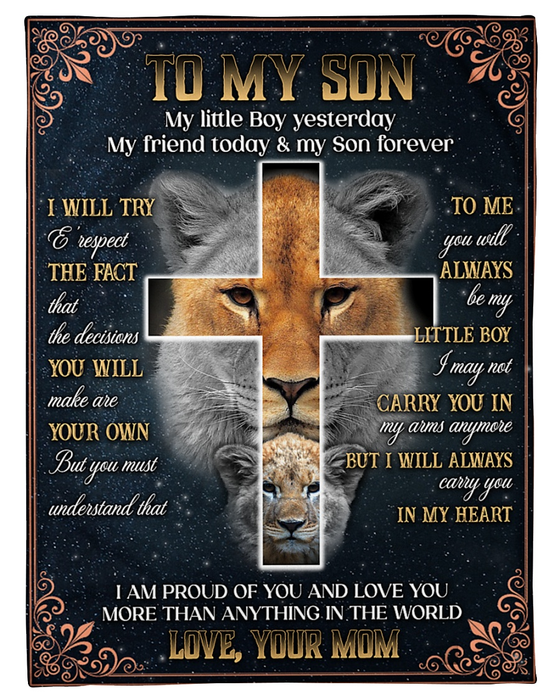 Personalized To My Son Blanket My Little Boy Yesterday My Friend Today Lion & Christ Cross Printed Monogram Design