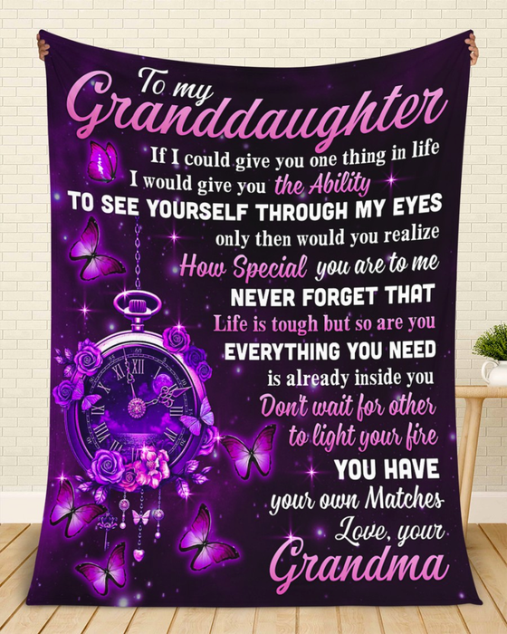 Personalized To My Granddaughter Blanket From Grandma Never Forget That Life Is Touch But So Are You Butterfly & Clock