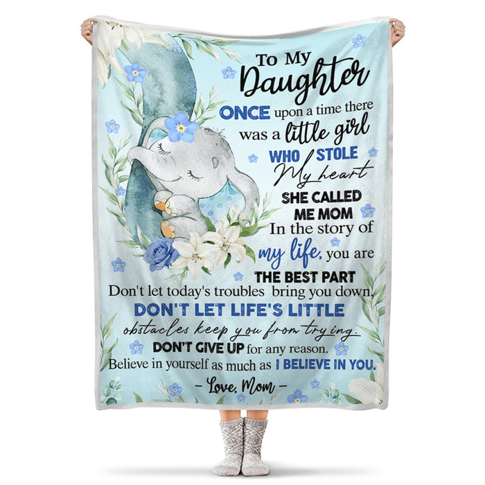 Personalized Lovely Throw Blanket To My Daughter From Mom Blue Flower & Elephant Hug Print Custom Name Fleece Throw