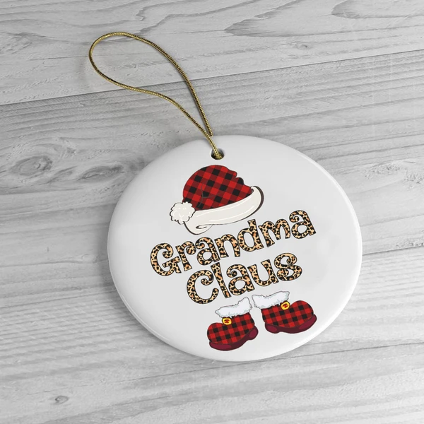 Personalized Elf Leopard Grandma Claus Circle Ornament For Mama Nana Custom Red Buffalo Plaid Hat And Shoes Ornaments