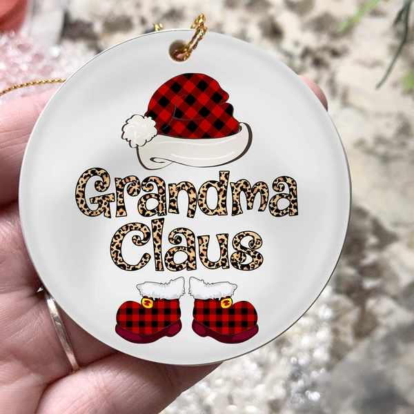 Personalized Elf Leopard Grandma Claus Circle Ornament For Mama Nana Custom Red Buffalo Plaid Hat And Shoes Ornaments