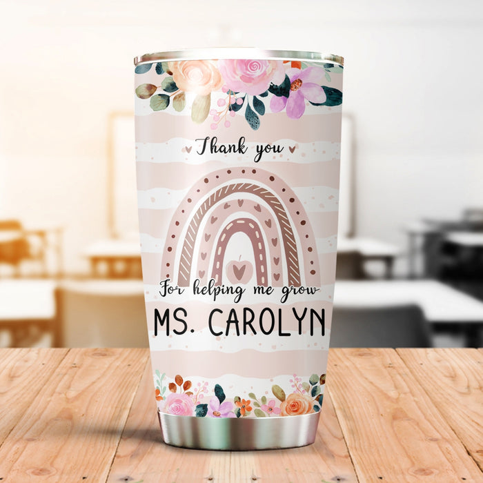 Personalized Tumbler For Teacher Thank You Flower Boho Rainbow 20oz Travel Cup Custom Name Gifts For Back To School