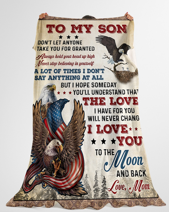 Personalized Fleece Blanket For Son Print Eagle Family Love Quote For Son Customized Blanket Gift For Birthday Graduation