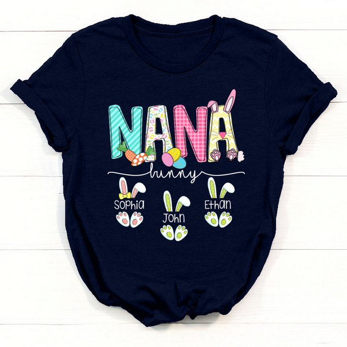 Personalized T-Shirt For Grandma Nana Bunny With Eggs & Carrot Printed Custom Grandkids Name Happy Easter Day Shirt