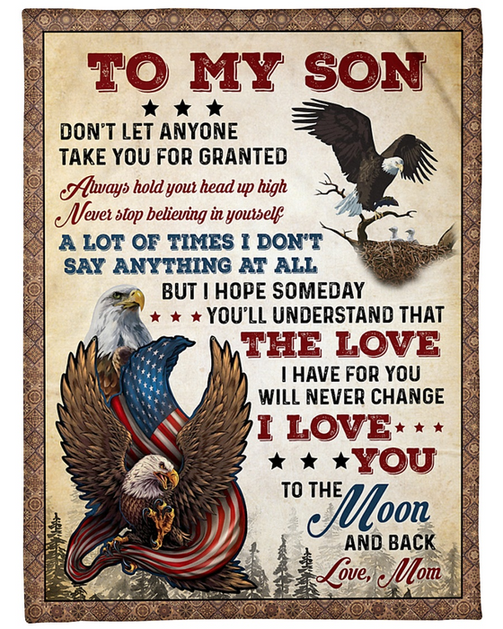 Personalized Fleece Blanket For Son Print Eagle Family Love Quote For Son Customized Blanket Gift For Birthday Graduation