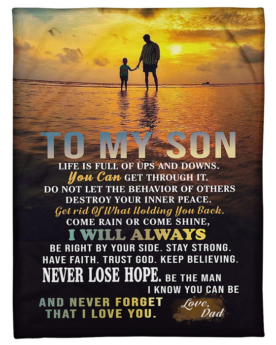 Personalized Fleece Blanket For Son Print Dad And Son Under Sunset Love Quote For Son Customized Blanket Gift For Birthday Graduation