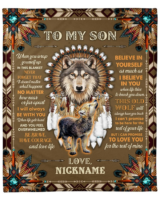 Personalized Mandala Fleece Blanket To My Son Native Bohemian Wolf Premium Blankets Custom Name