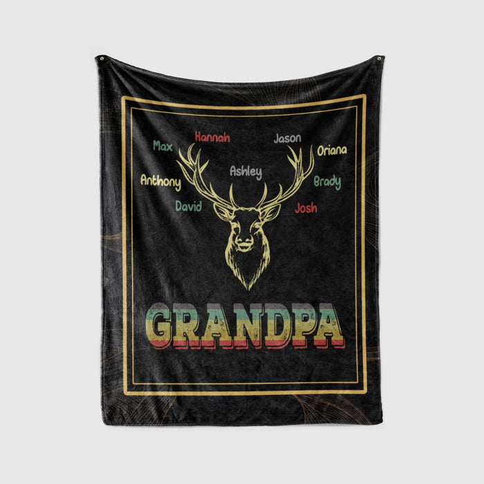 Personalized Blanket Gifts For Grandfather From Grandchildren Hunting Deer Family Lover Retro Custom Name For Christmas