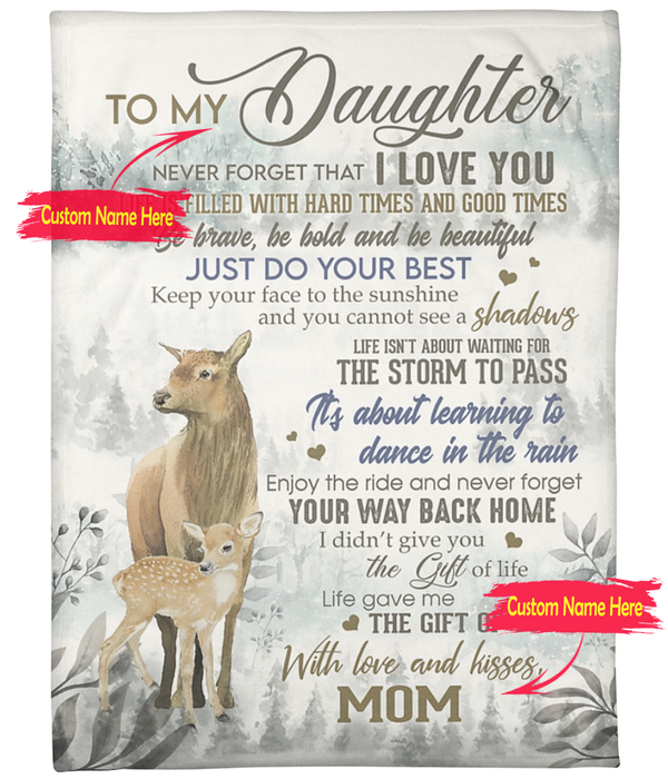 Personalized Fleece Blanket For Daughter Print Deer Family Beautiful Sweet Quotes For Daughter Customized Blanket Gift For Birthday Graduation