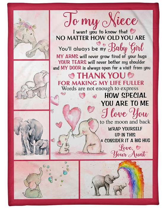 Personalized Fleece Blanket For Niece Amazing Print Elephant Family Cute Sweet Loving Message for Niece Wrap Yourself A Big Hug Customized Blanket Gift For Birthday Thanksgiving
