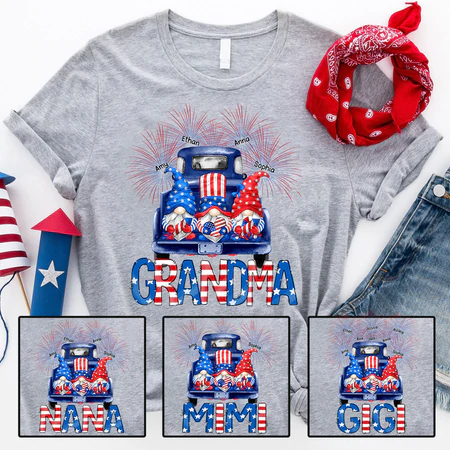 Personalized T-Shirt For Grandma Gnome USA Flag Design Car & Fireworks Custom Grandkids Name 4th Of July Shirt
