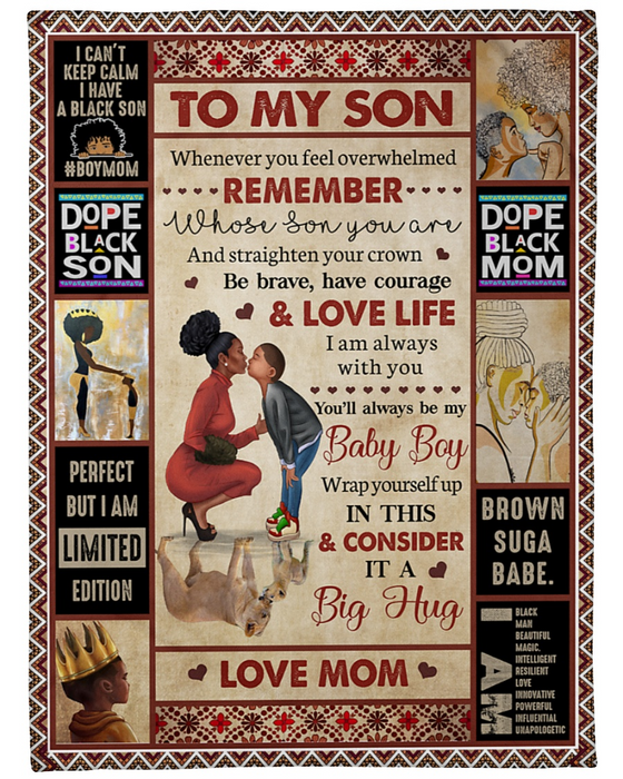 Personalized To My Son Blanket From Mom Whenever You Feel Overwhelmed Black Woman & Baby Boy Printed