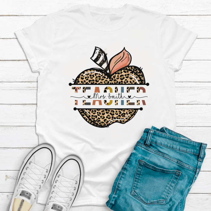 Personalized T-Shirt For Teachers Mrs. Smith Colorful Leopard Apple Design Custom Name Back To School Outfit