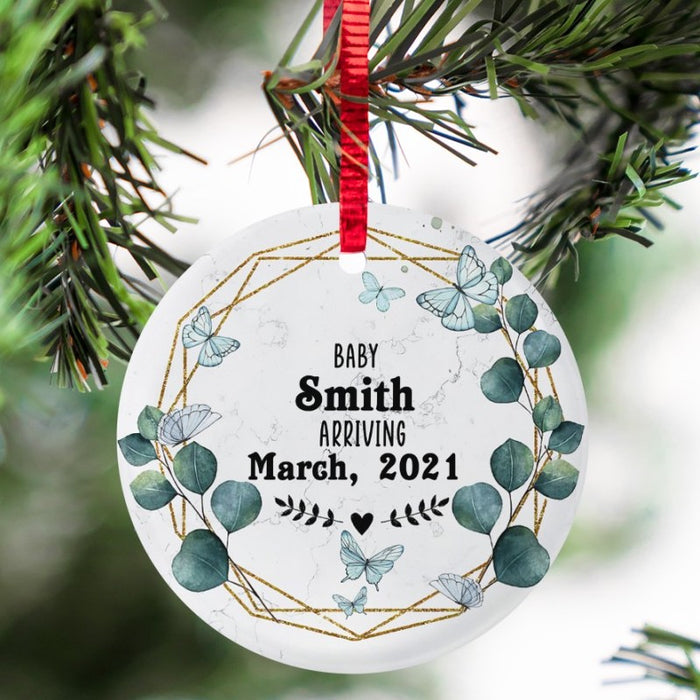 Personalized Baby Announcement Circle Ornament For Daughter Son Custom Name And Date Sonogram Butterfly Floral Ornament