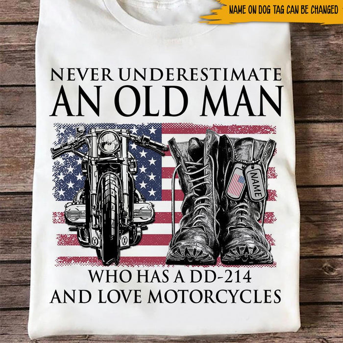 Personalized T-Shirt Never Underestimate An Old Man Who Have A DD-214 & Love Motorcycles US Flag Printed