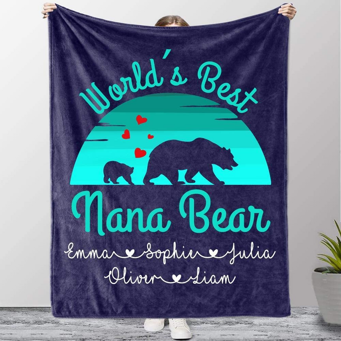 Personalized Blanket For Grandma World'S Best Nana Bear Belongs To Custom Grandkids Name Cute Bear & Heart Printed