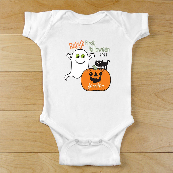 Personalized Onesie For Baby's First Halloween With Cute Pumpkin Ghost & Black Cat Printed Custom Name And Year