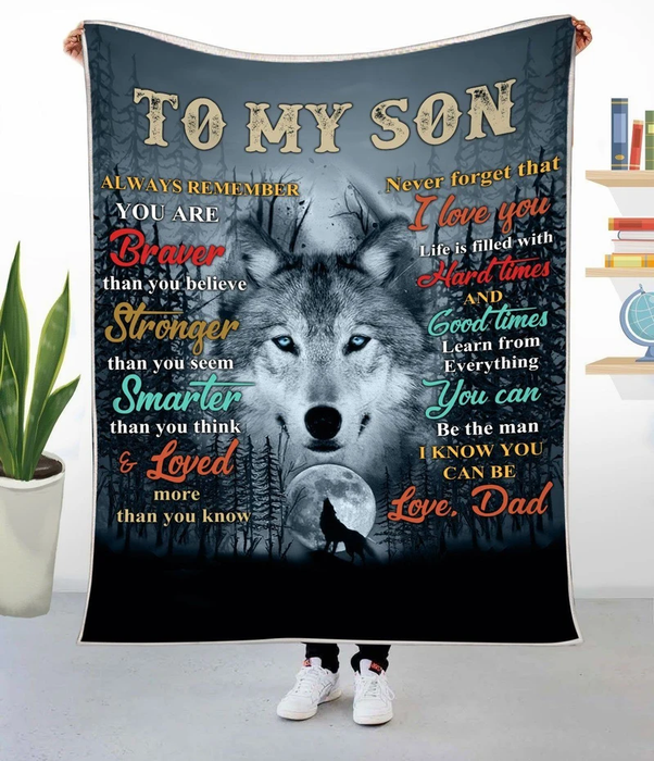 Personalized Fleece Throw Blanket To My Son Always Remember You Are Braver Wolf Howling Face And Moon Blanket From Dad