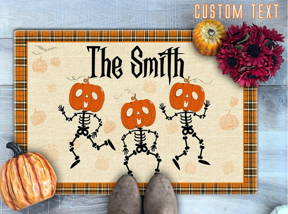 Personalized Welcome Doormat Dancing Pumpkin Skeleton Printed Plaid Design Custom Family Name Happy Halloween Doormat