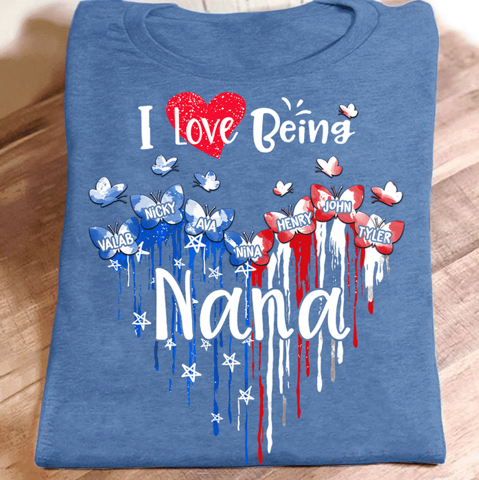 Personalized T-Shirt For Grandma USA Flag Heart Design Butterfly Printed Custom Grandkids Name 4th July Day Shirt