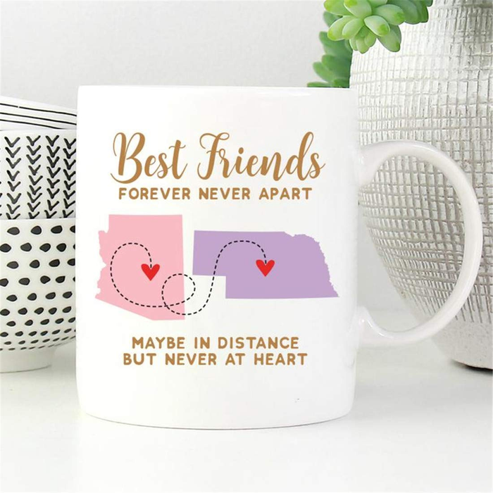 Personalized Coffee Mug For Best Friend Forever Never Apart State To State Custom Name White Cup Long Distance Gifts
