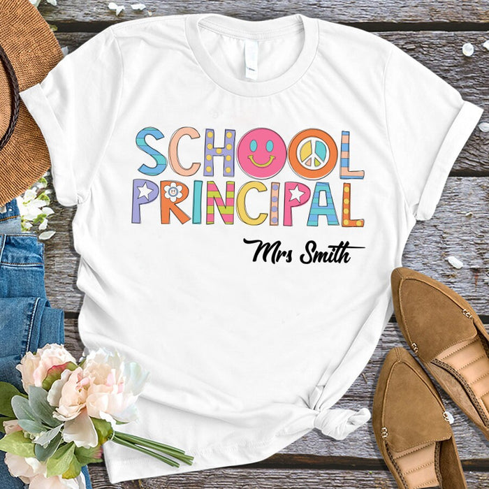 Personalized T-Shirt For Teacher School Principal Colorful Words Custom Name Shirt Gifts For Back To School