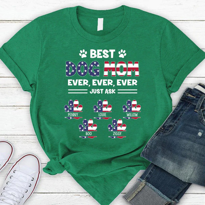 Personalized T-Shirt For Dog Mom USA Flag Design Cute Paw Print Custom Dog Name Independence Day Shirt