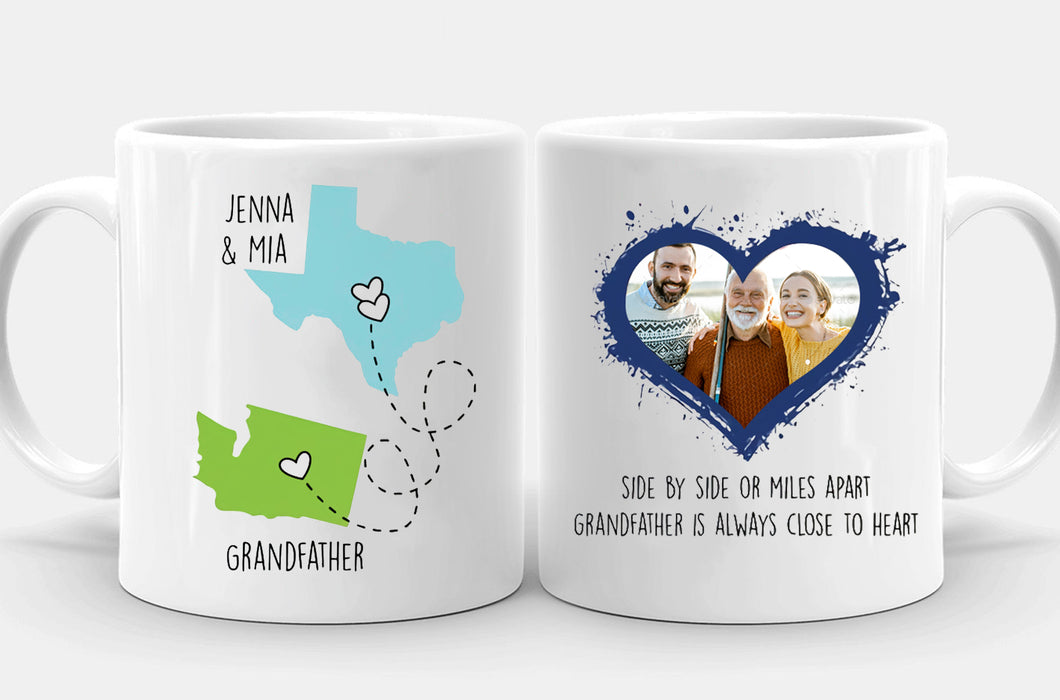 Personalized Coffee Mug For Grandfather Side By Side Miles Apart Heart Custom Name Photo White Cup Long Distance Gifts