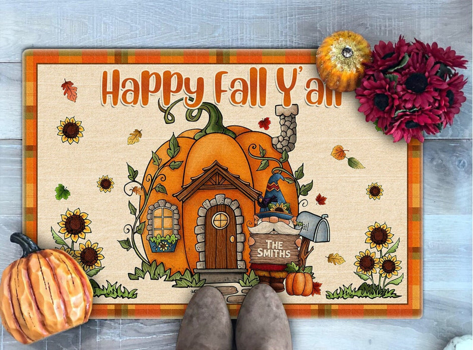 Personalized Welcome Doormat Happy Fall Y'all Cute Pumpkin House With Cute Gnome & Sunflower Printed Custom Family Name
