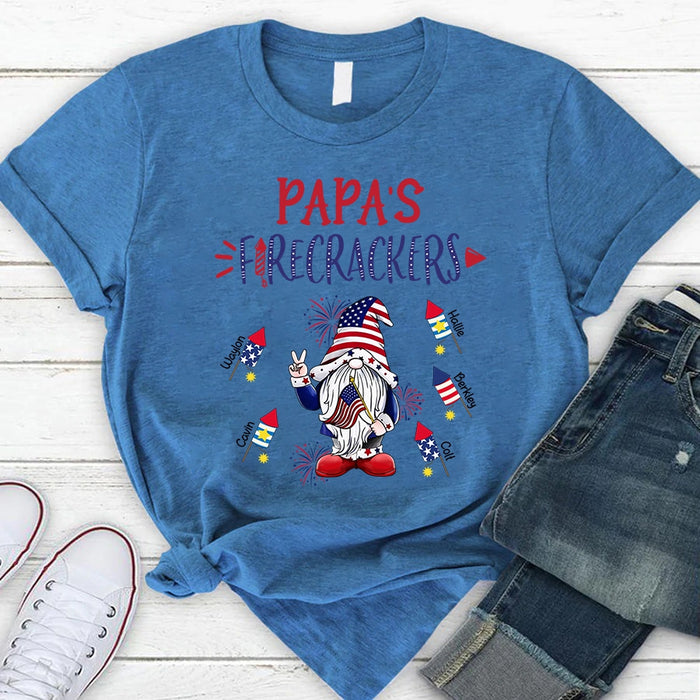Personalized T-Shirt For Grandpa Papa's Firecrackers USA Flag Design Custom Grandkids Name Independence Day Shirt