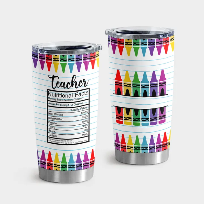 Personalized Travel Tumbler For Teacher 20oz Cup Custom Title Nutrition Facts Colorful Crayons Back To School Gifts