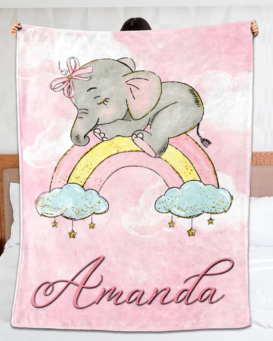 Personalized Baby Blanket For Daughter Cute Elephant Sleeping On The Rainbow Custom Name Baby Reveal Pink Blanket