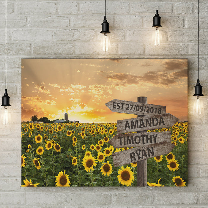 Personalized Wall Art Canvas For Family Sunflower Field Vintage Street Sign Poster Print Custom Multi Name & Date