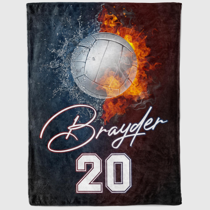 Personalized Blanket For Volleyball Lovers Print 3D Ball In Fire & Water Custom Name & Number Fleece Blanket