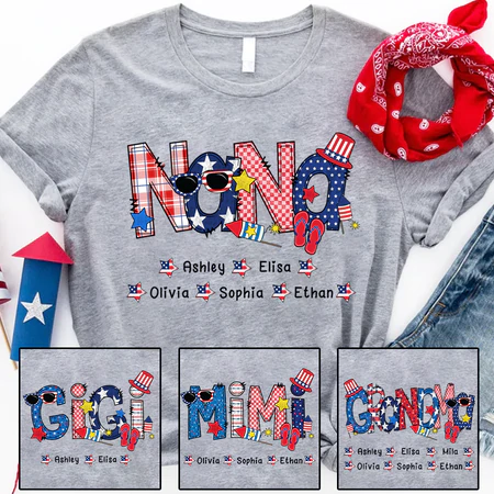 Personalized T-Shirt For Grandma Nana Sunglasses Print USA Flag Design Custom Grandkids Name 4th Of July Shirt