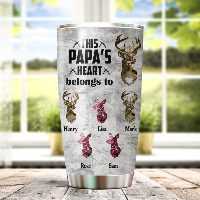 Personalized Tumbler Gifts For Grandpa From Grandkids This Papa's Heart Belongs To Deer Hunting Custom Name Travel Cup