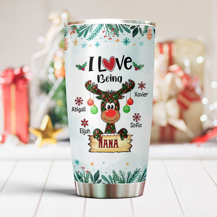Personalized Tumbler Gifts For Grandma From Grandkids I Love Being Nana Reindeer Snowflakes Custom Name For Christmas