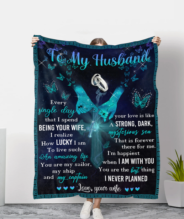 Personalized Sherpa Fleece Blanket To My Husband From Wife I'M Happiest When I'M With You Print Pinky Hand And Butterfly